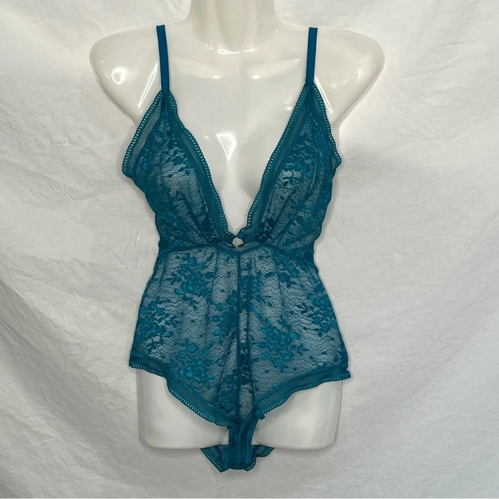 Intimately Free People FP No Trace Lace Bodysuit Teal Blue XS OB831127 SHEER EUC